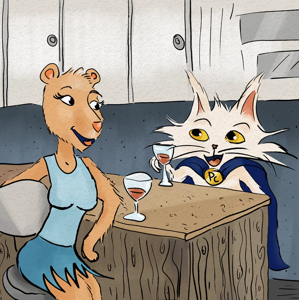 Process Cat and Princess Capybara drinking wine in her apartment