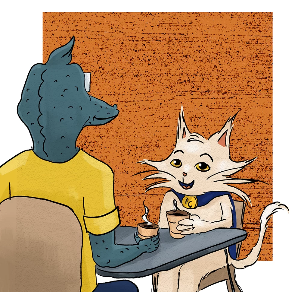 Process Cat and Gary drinking coffee