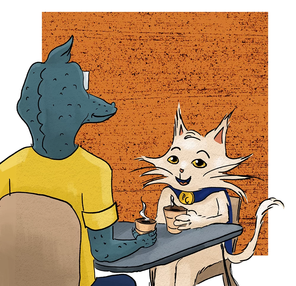 Gary and Process Cat talking over coffee