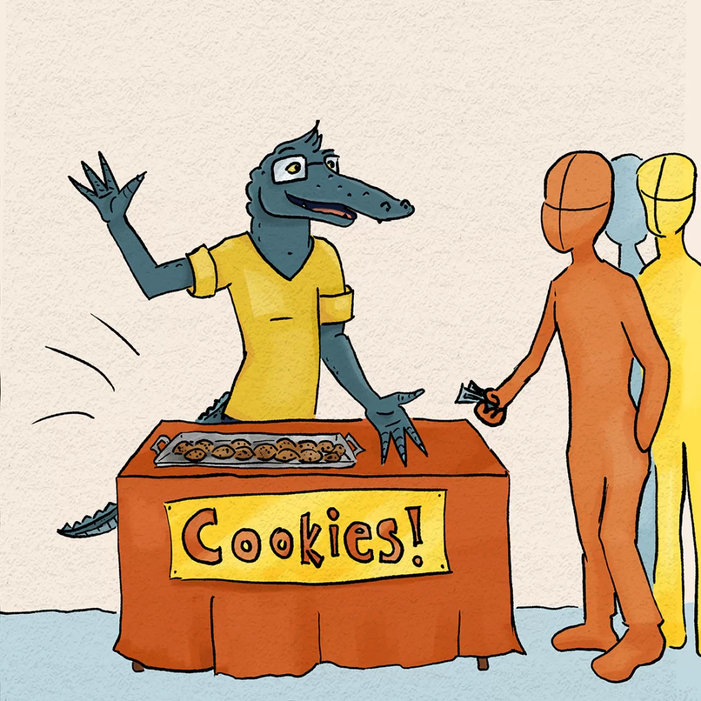 Gary selling cookies at a stand
