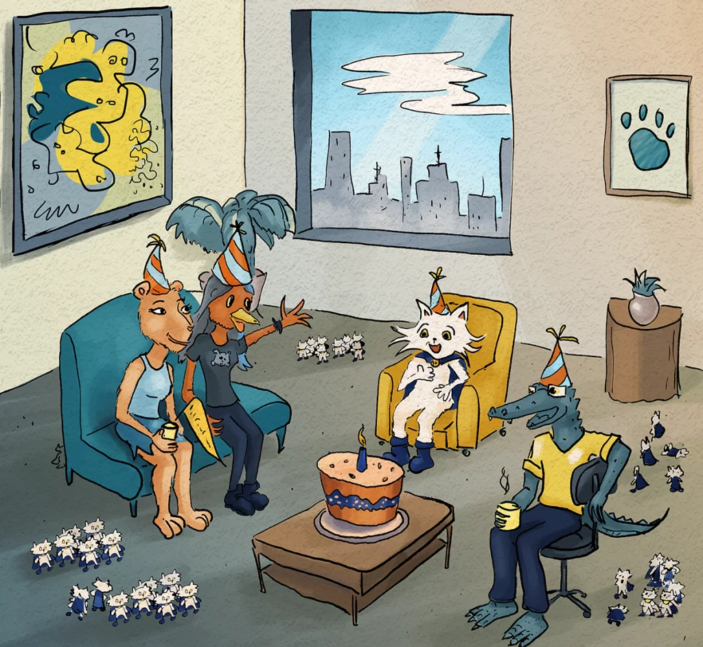 Process Cat's birthday party with figurines of himself.