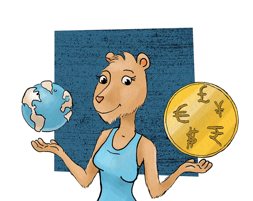 Princess Capybara holding up the earth and a (symbolic) coin - she’s demonstrating that by using your scrap materials, you can help your bottom line and the environment at the same time!