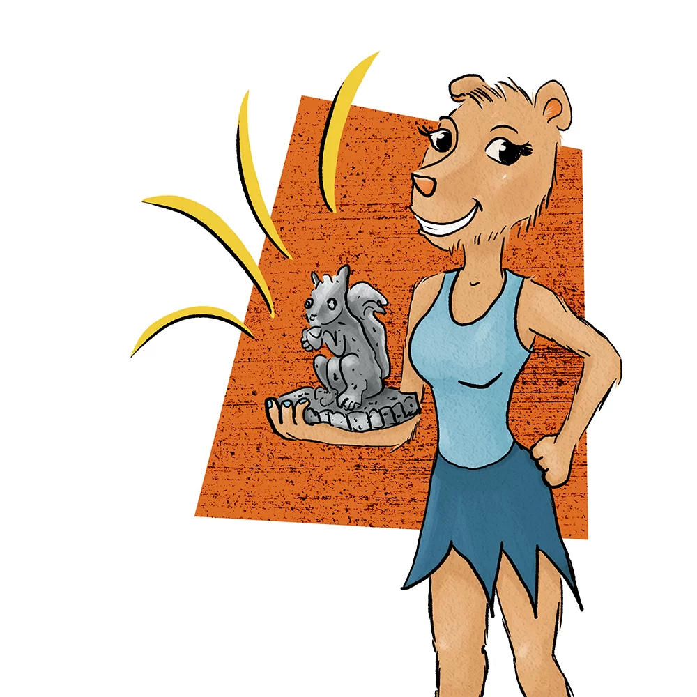 Princess Capybara holding a molded concrete squirrel