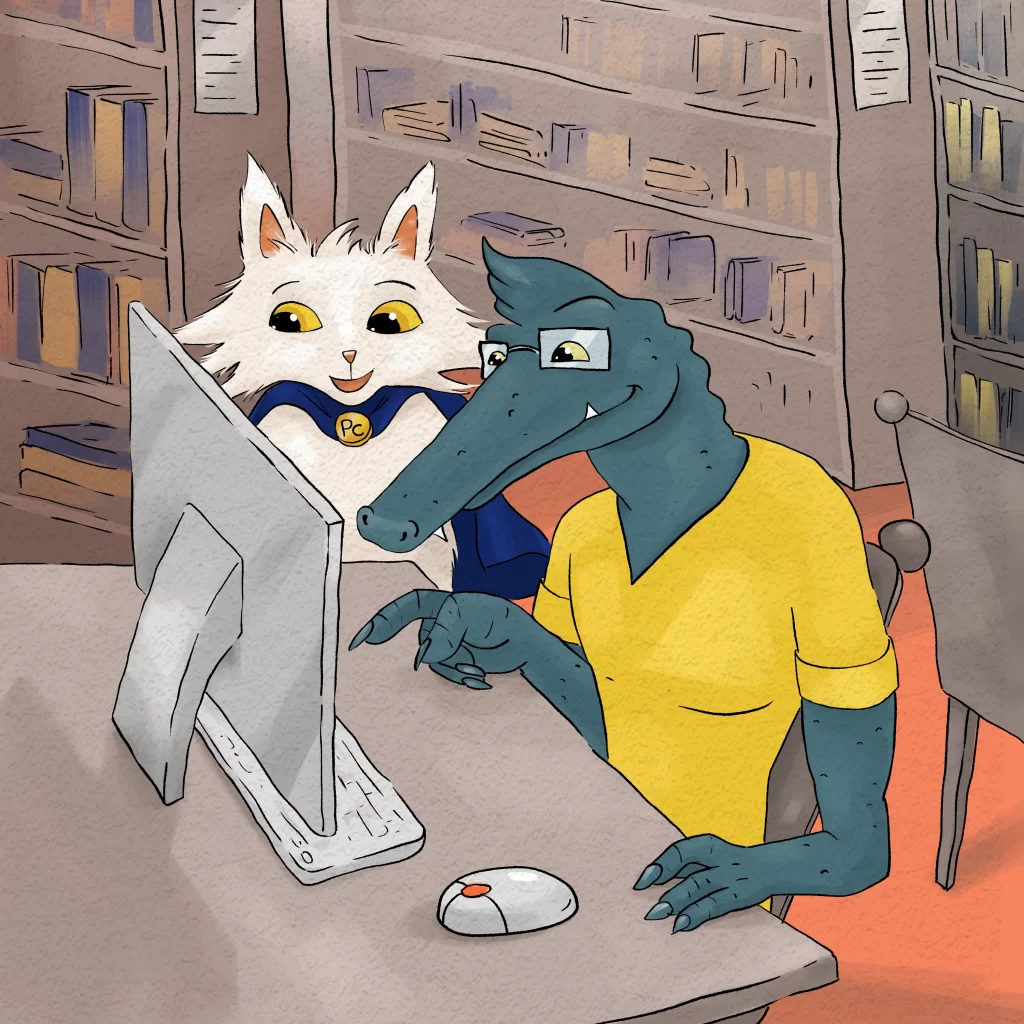 Gary and Process Cat in the library reading scientific papers
